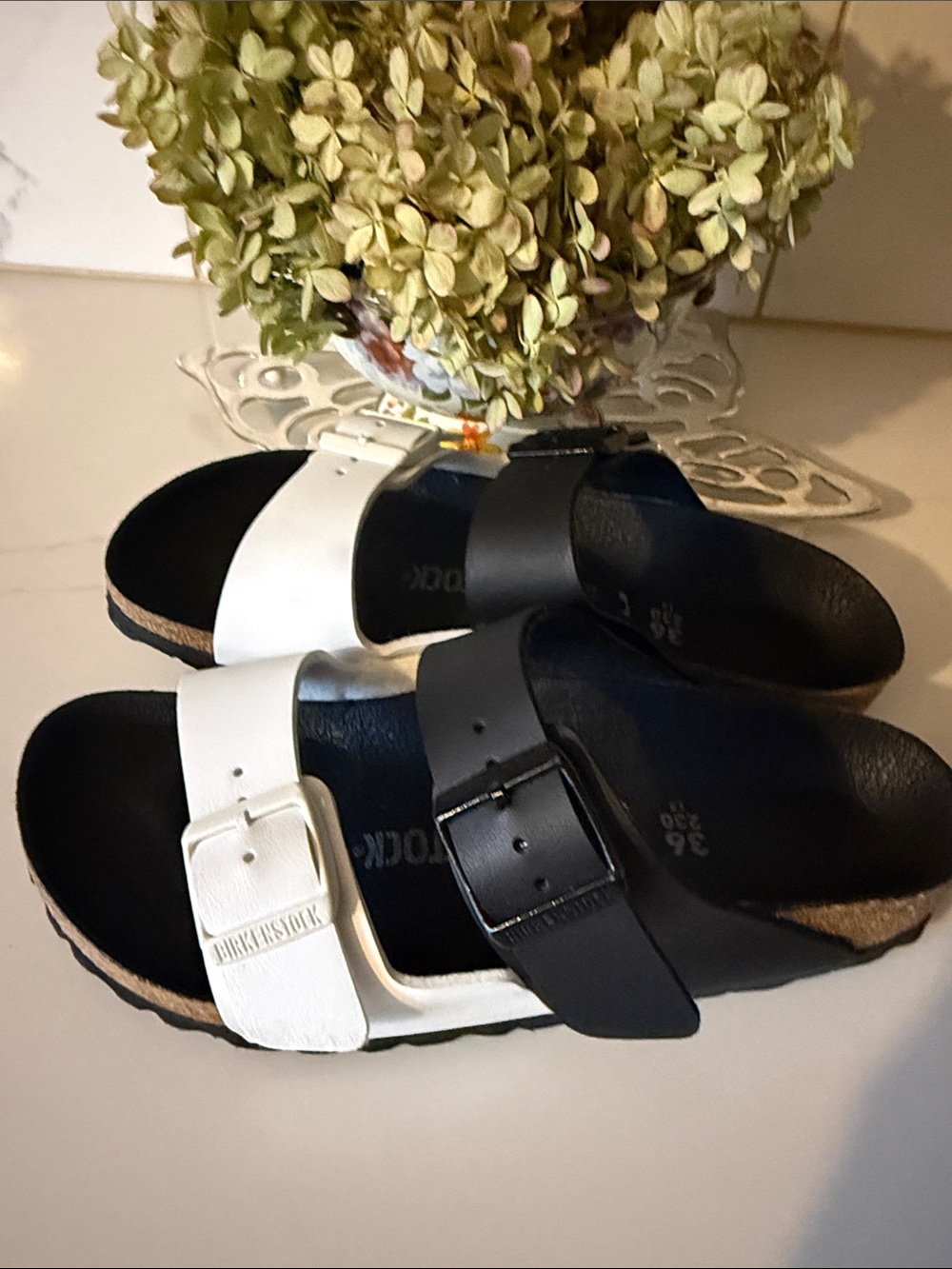 Birkenstock Two-Tone Black and White Adjustable Buckle Sandals - Women